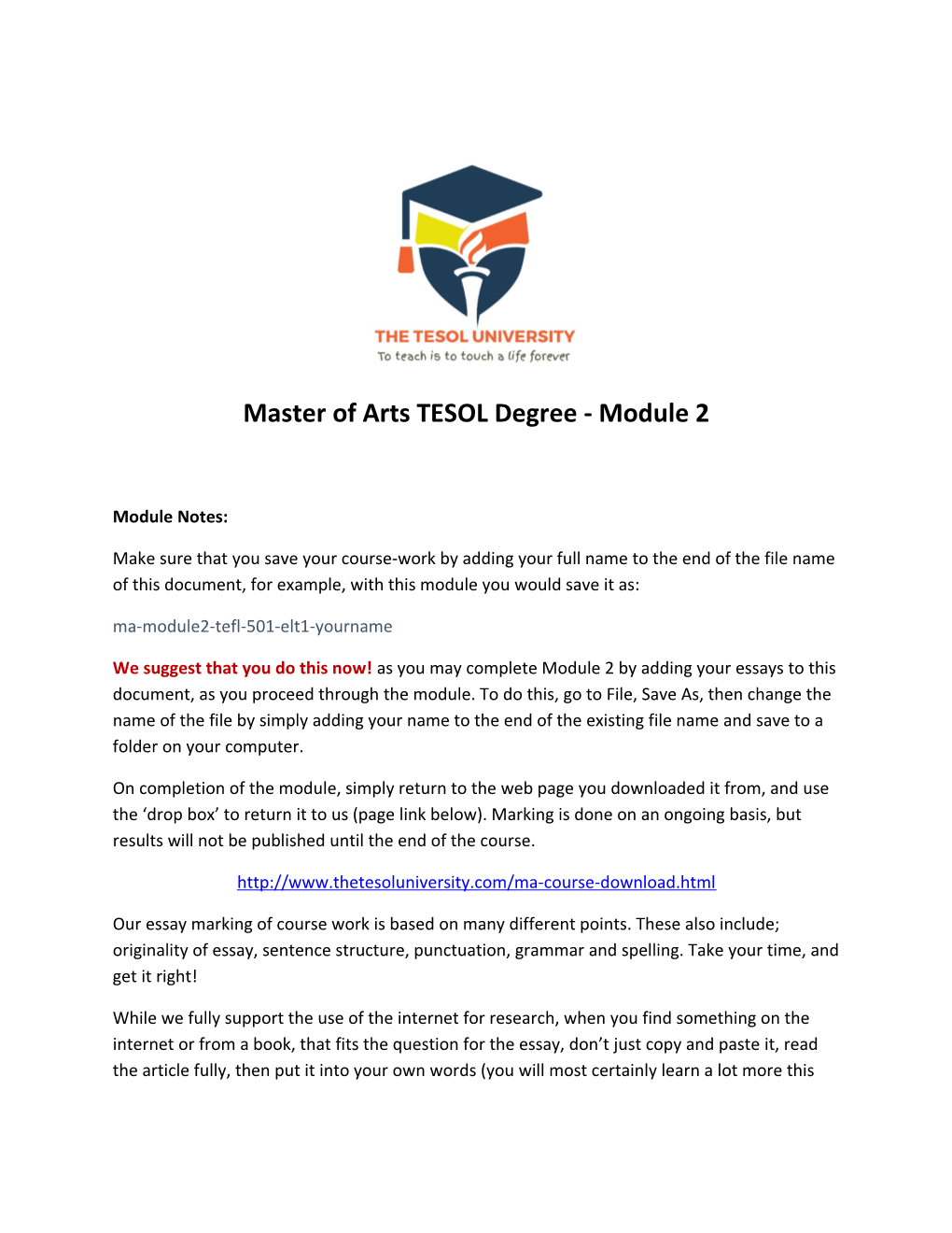 Master of Arts TESOL Degree - Module 2