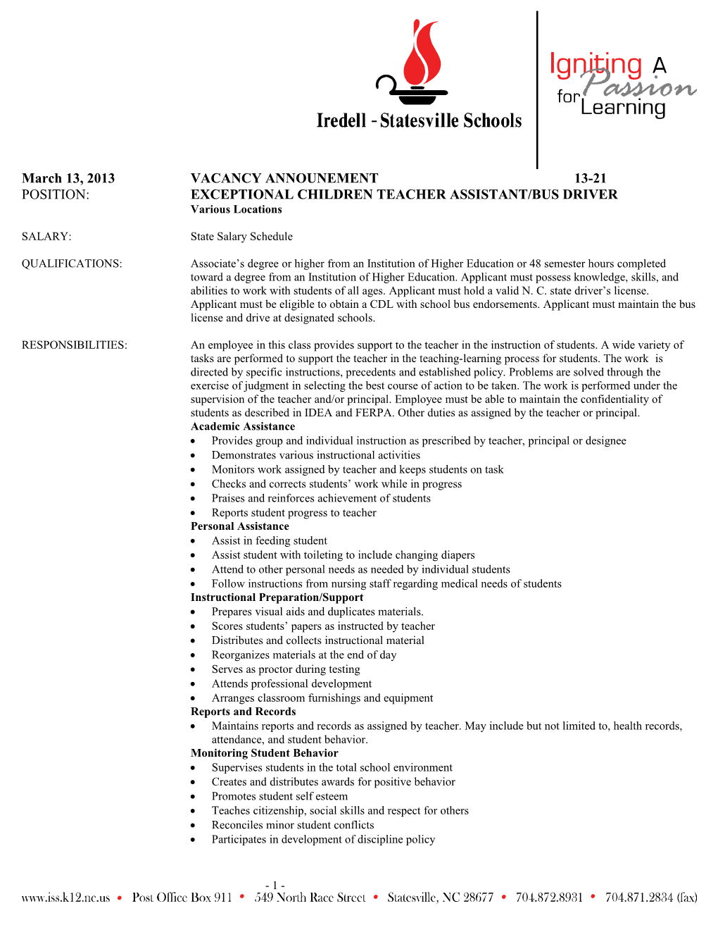 Position: Exceptional Children Teacher Assistant/Bus Driver