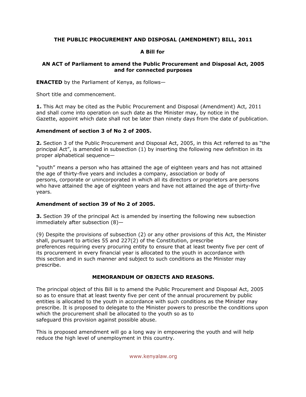 The Public Procurement and Disposal (Amendment) Bill, 2011