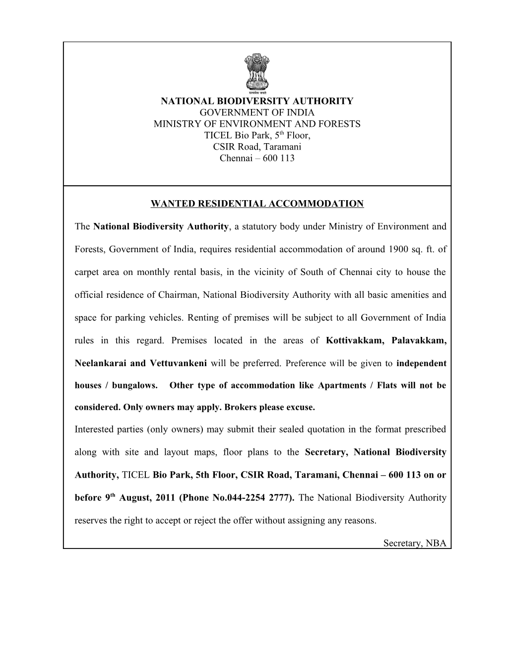 National Biodiversity Authority, Chennai-113