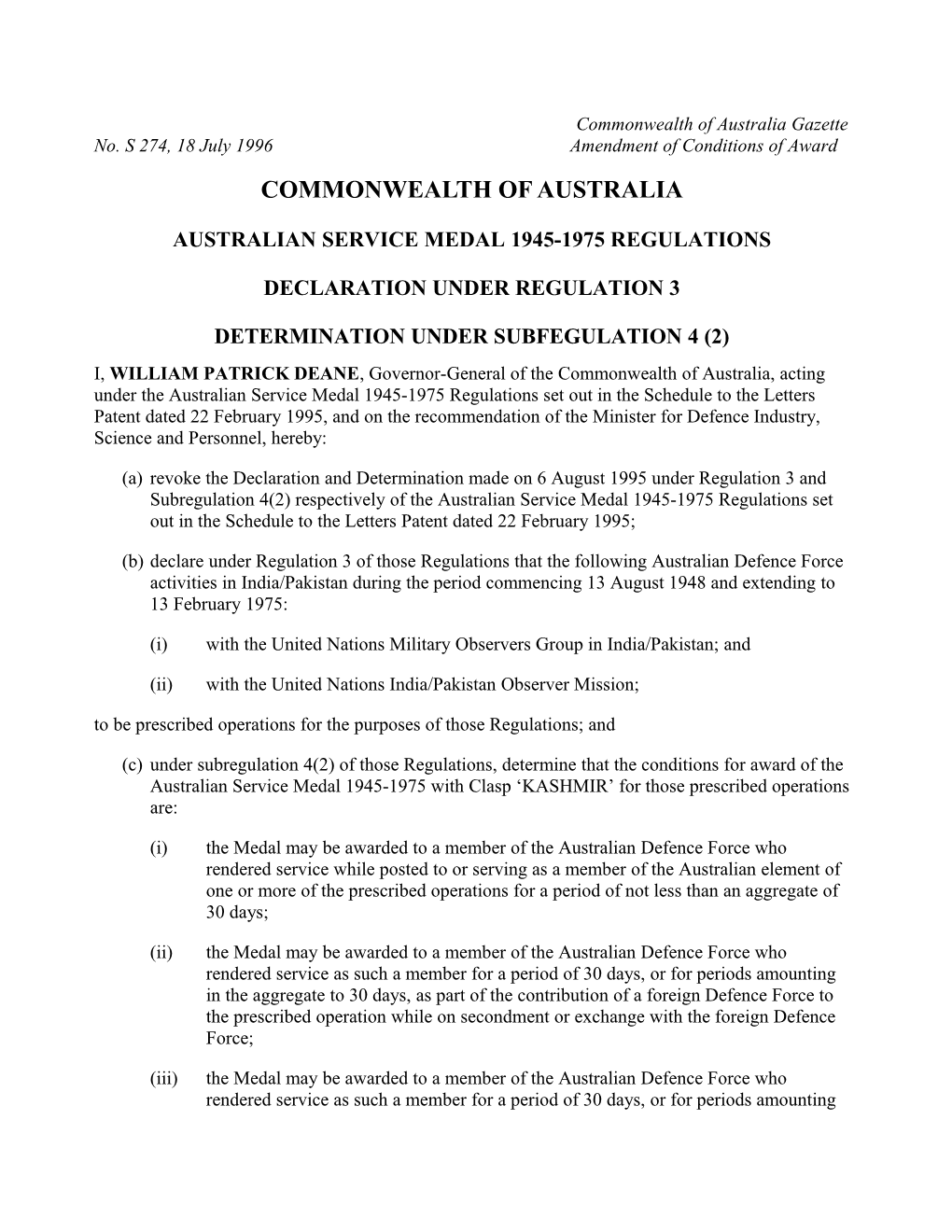 Australian Service Medal 1945-1975 Regulations