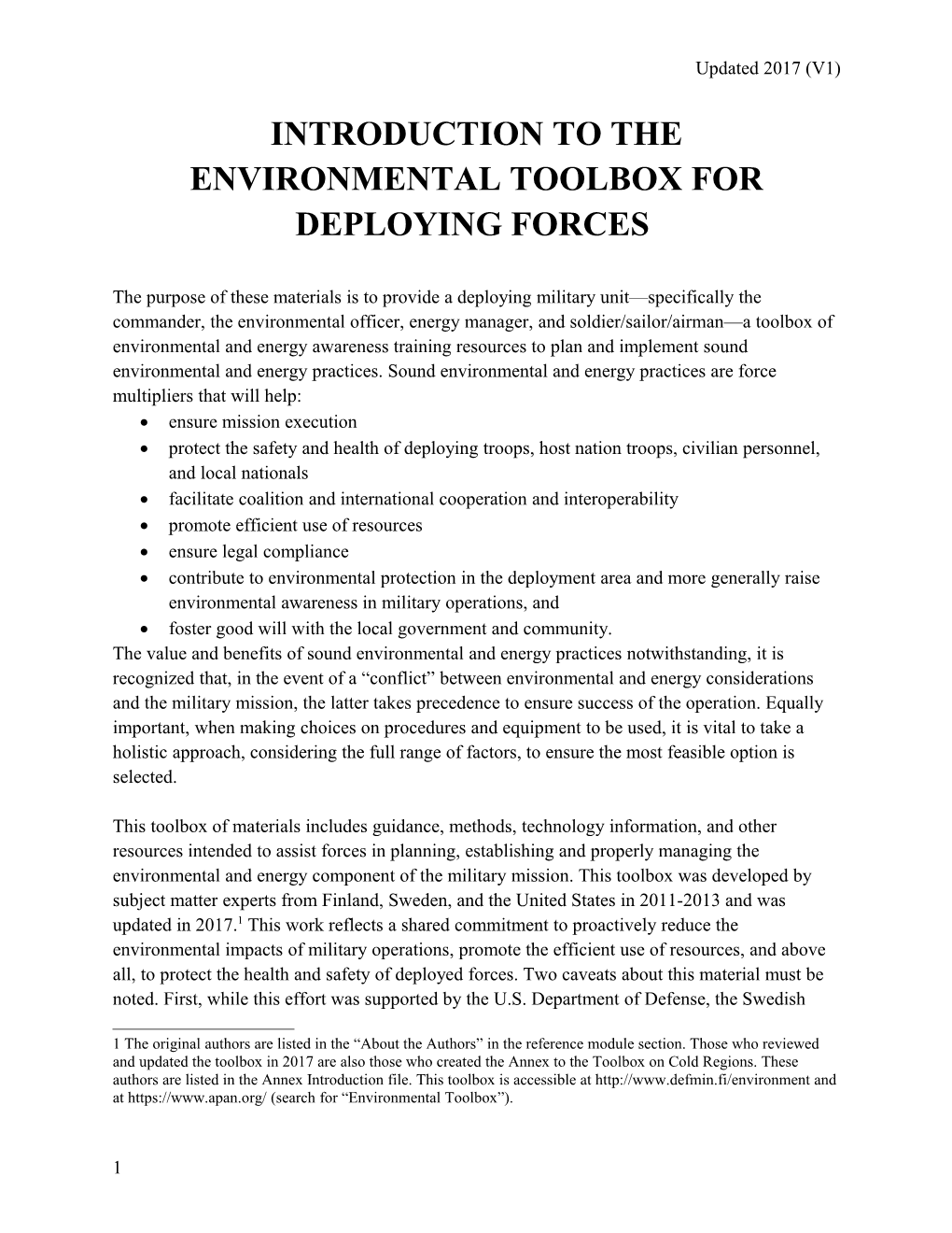Introduction to the Environmental Toolbox for Deploying Forces