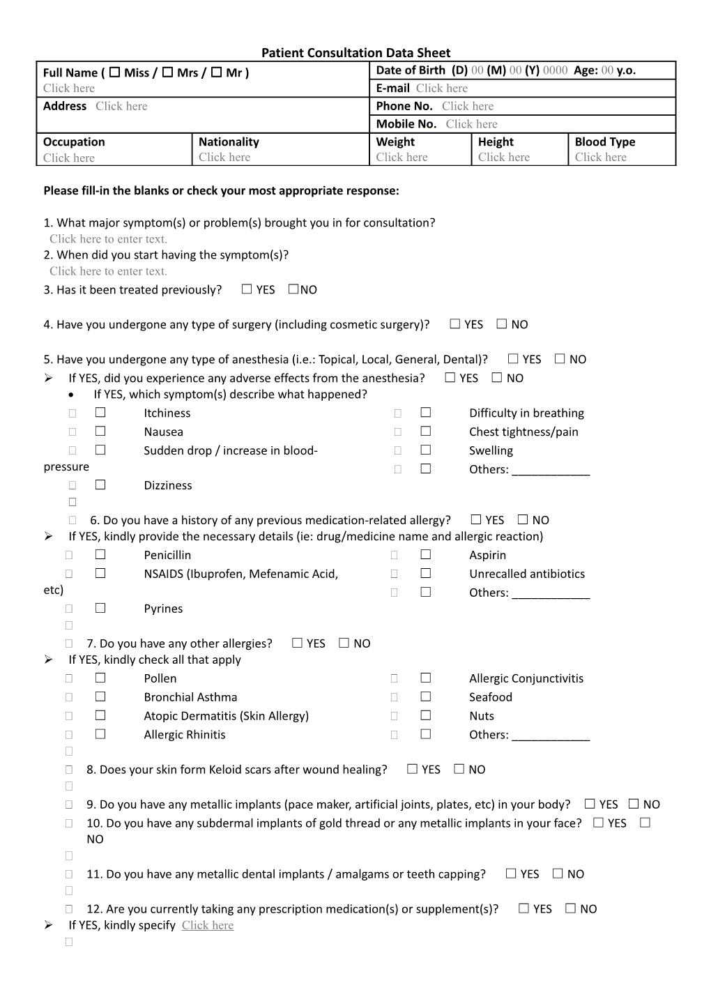 Patient Consultation Data Sheet