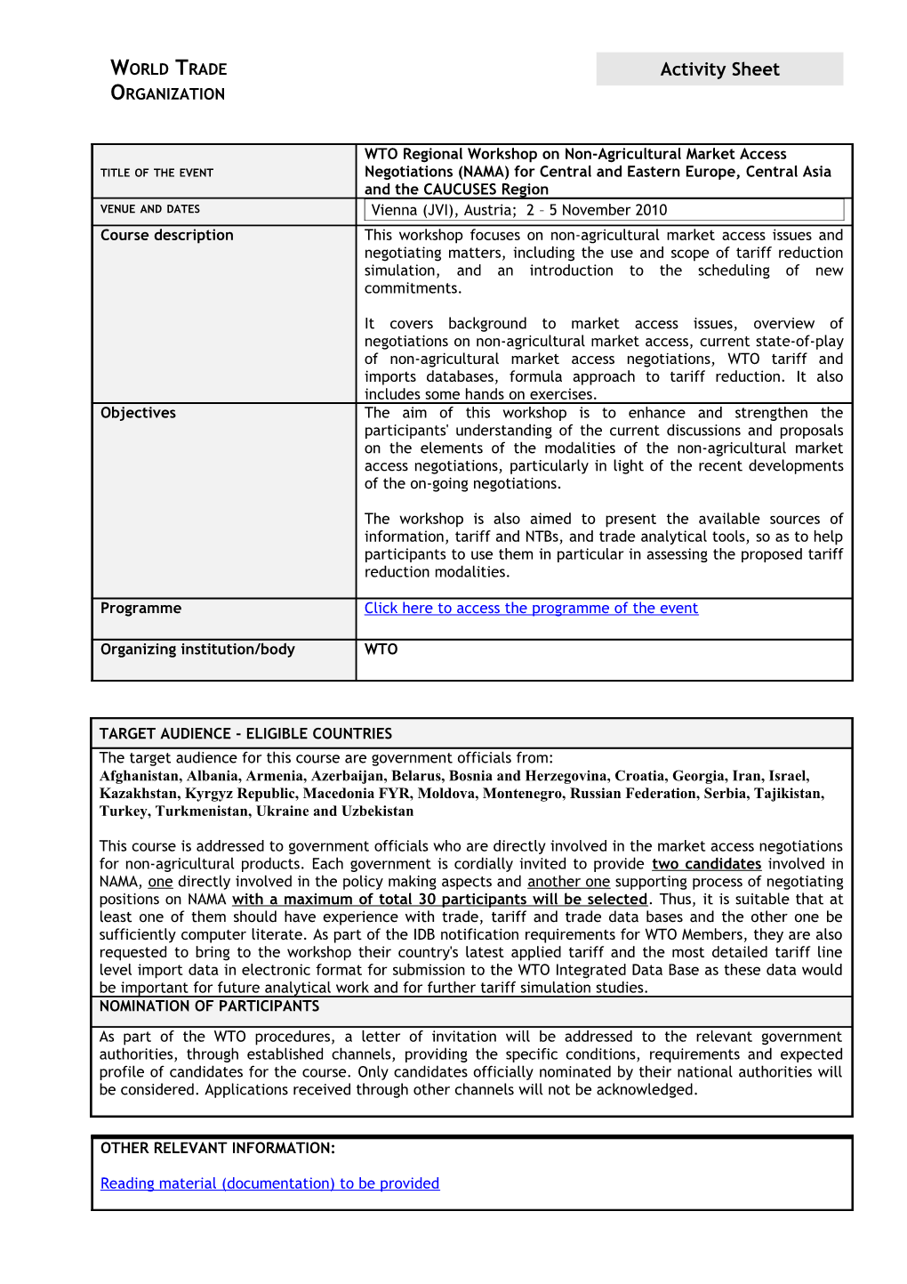 WTO Regional Seminar on Non-Agricultural Market Access