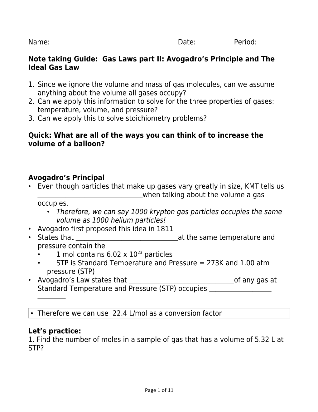 Note Taking Guide: Gas Laws Part II: Avogadro S Principle and the Ideal Gas Law