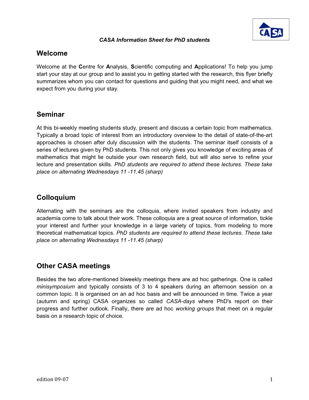 CASA Information Sheet for Phd Students