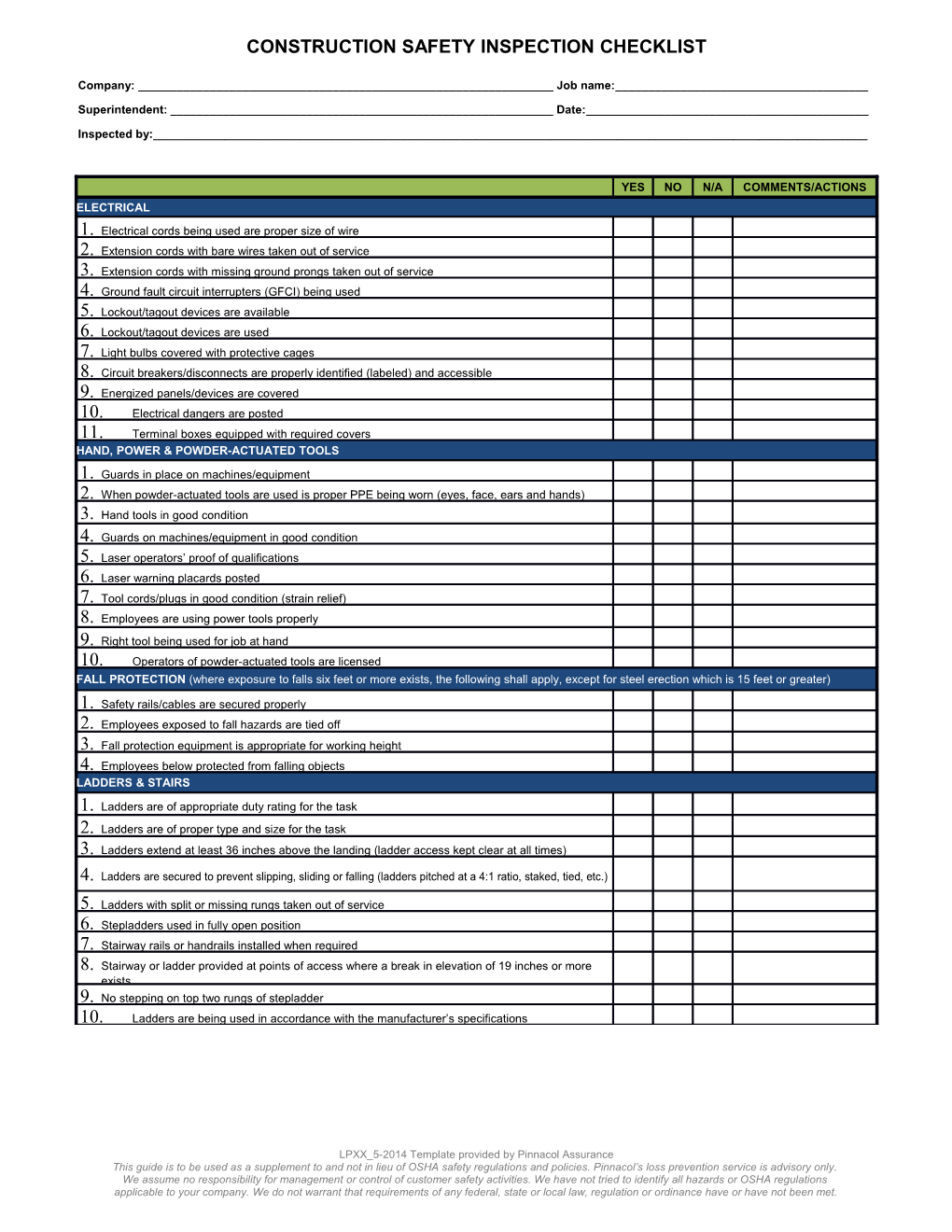 General Industry Safety Check List