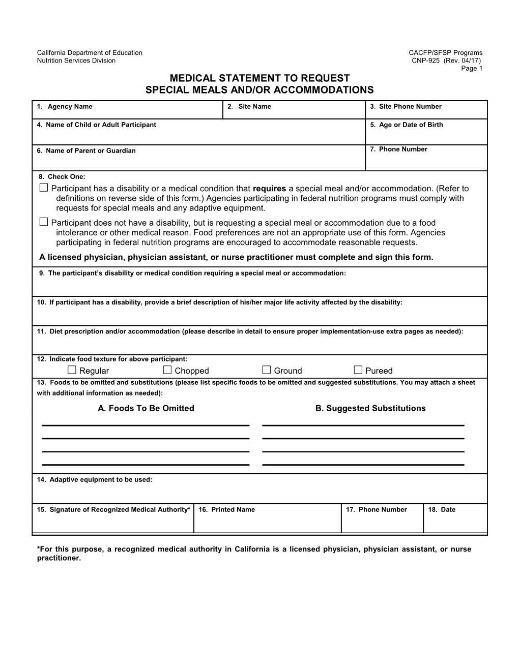 Medical Statement Form for CACFP and SFSP - USDA Civil Rights (CA Dept of Education)