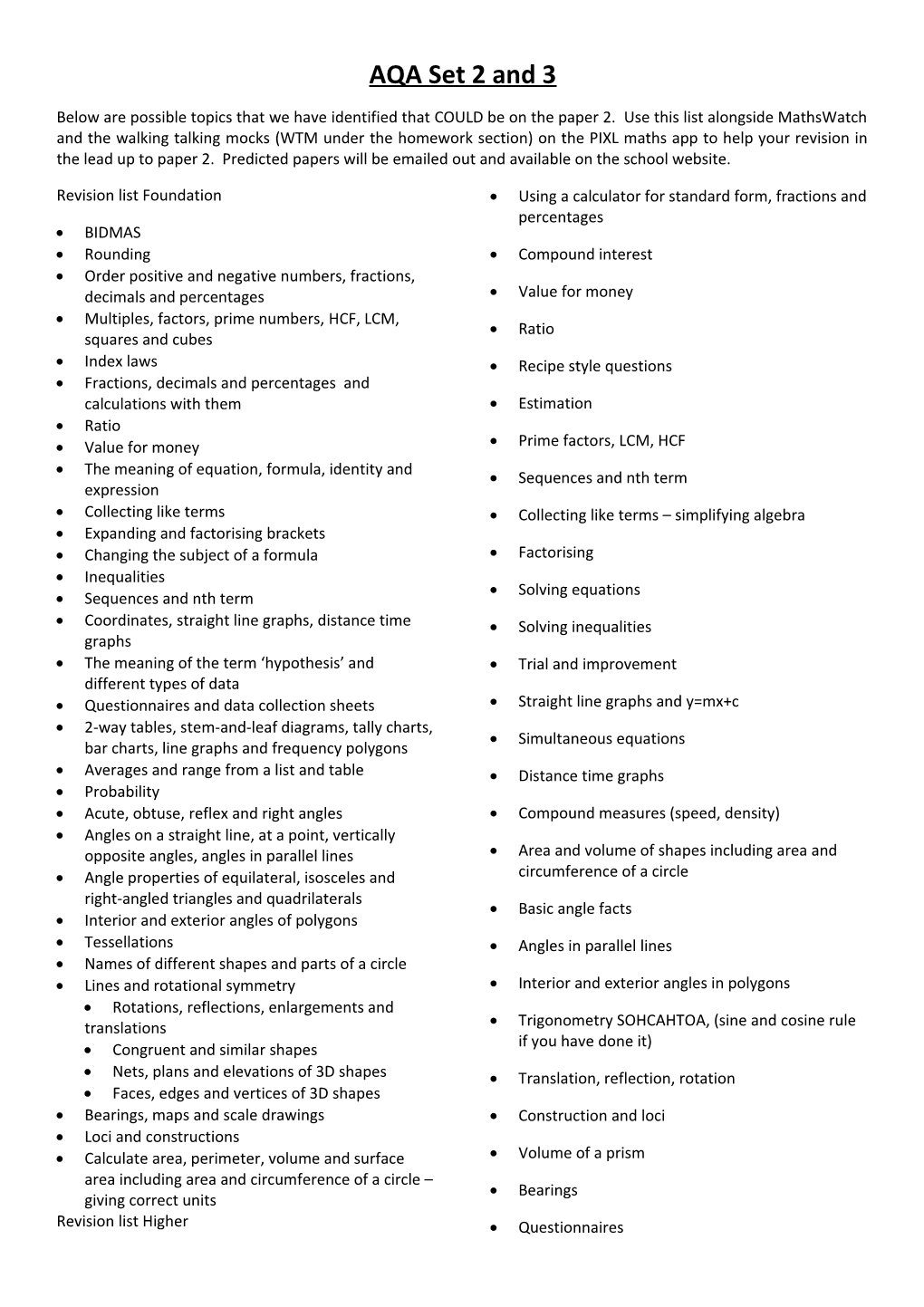 Below Are Possible Topics That We Have Identified That COULD Be on the Paper 2. Use This