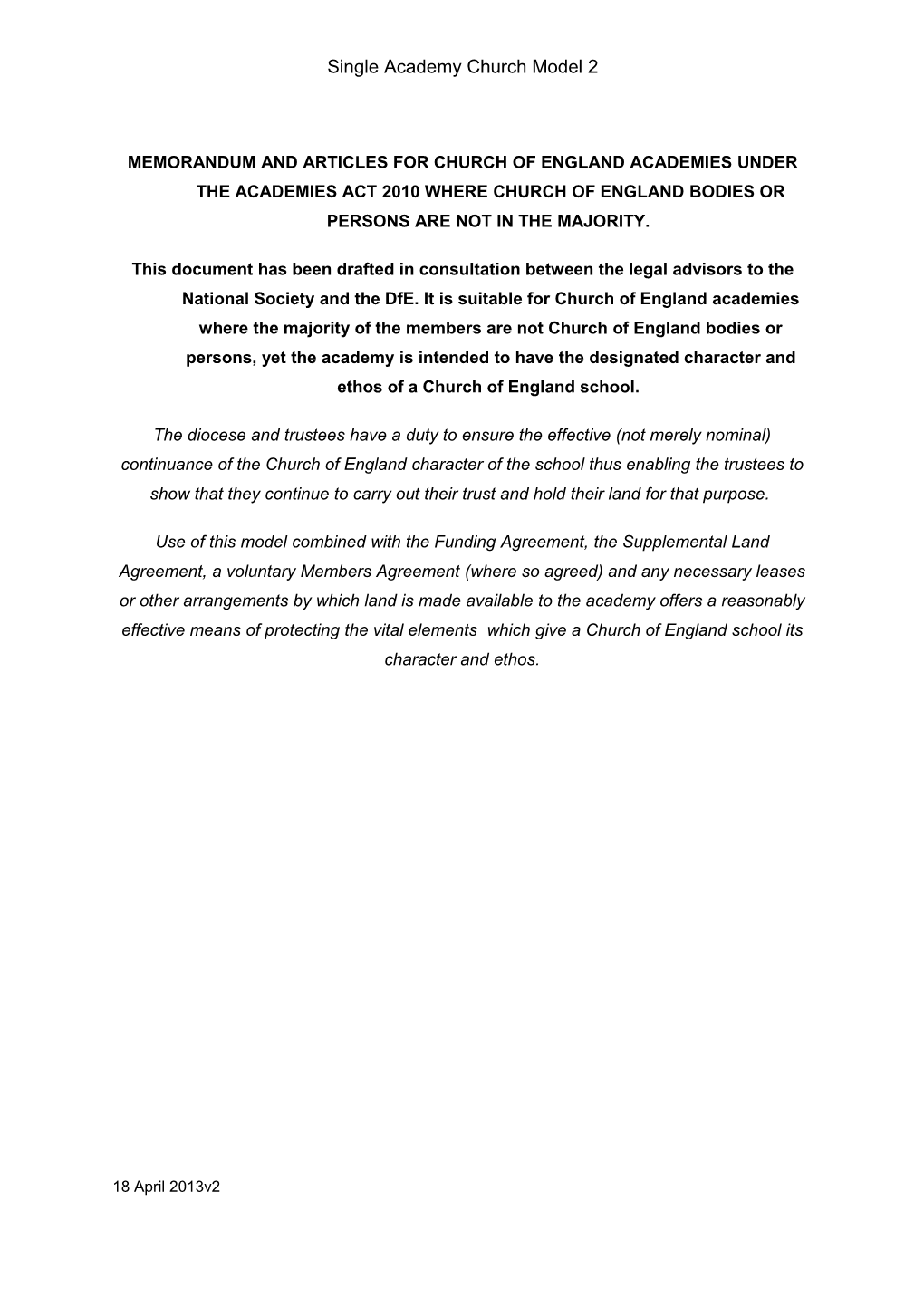Memorandum and Articles for Church of England Academies Under the Academies Act 2010