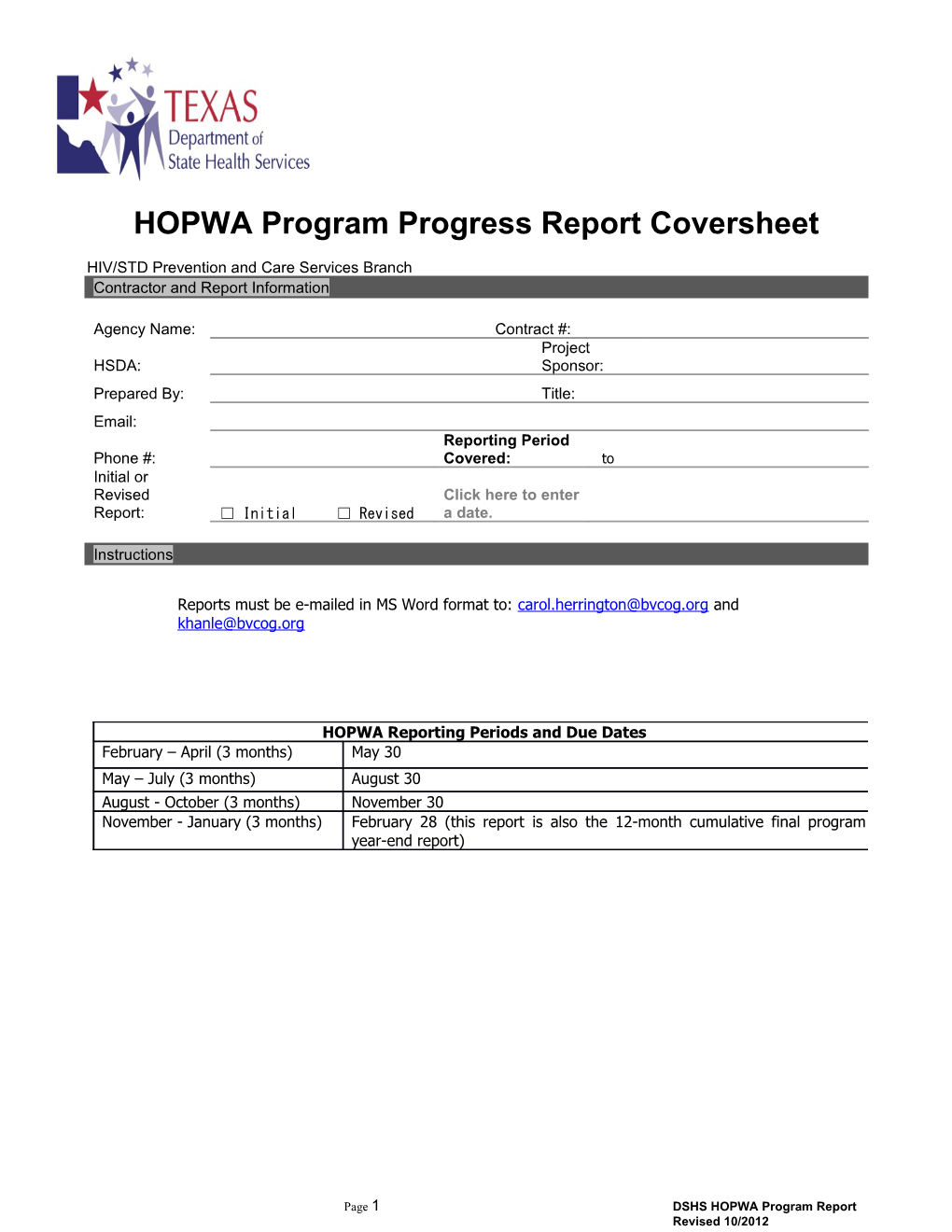 HOPWA Program Progress Report Coversheet