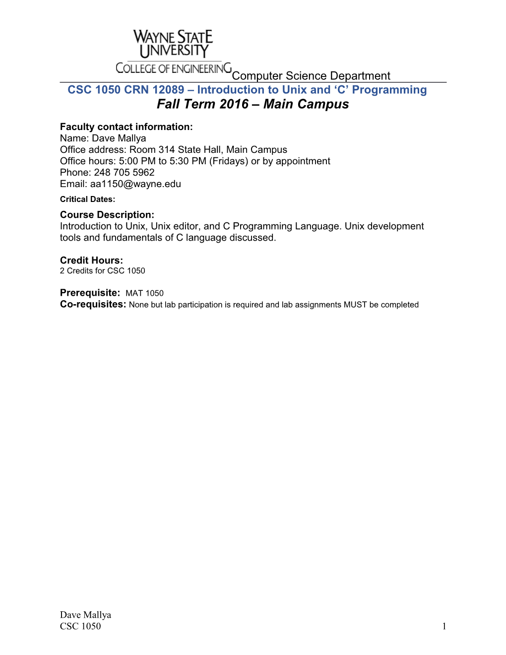 CSC 1050CRN 12089 Introduction to Unix and C Programming