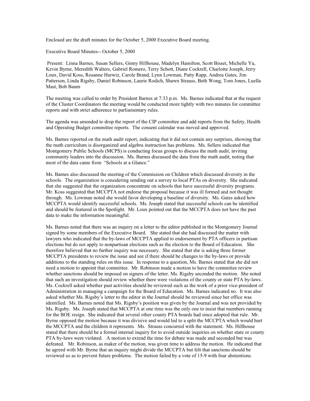 MCCPTA Executive Board Minutes October 5, 2000
