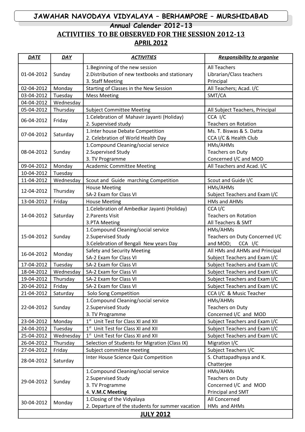 Activities to Be Observed for the Session 2012-13
