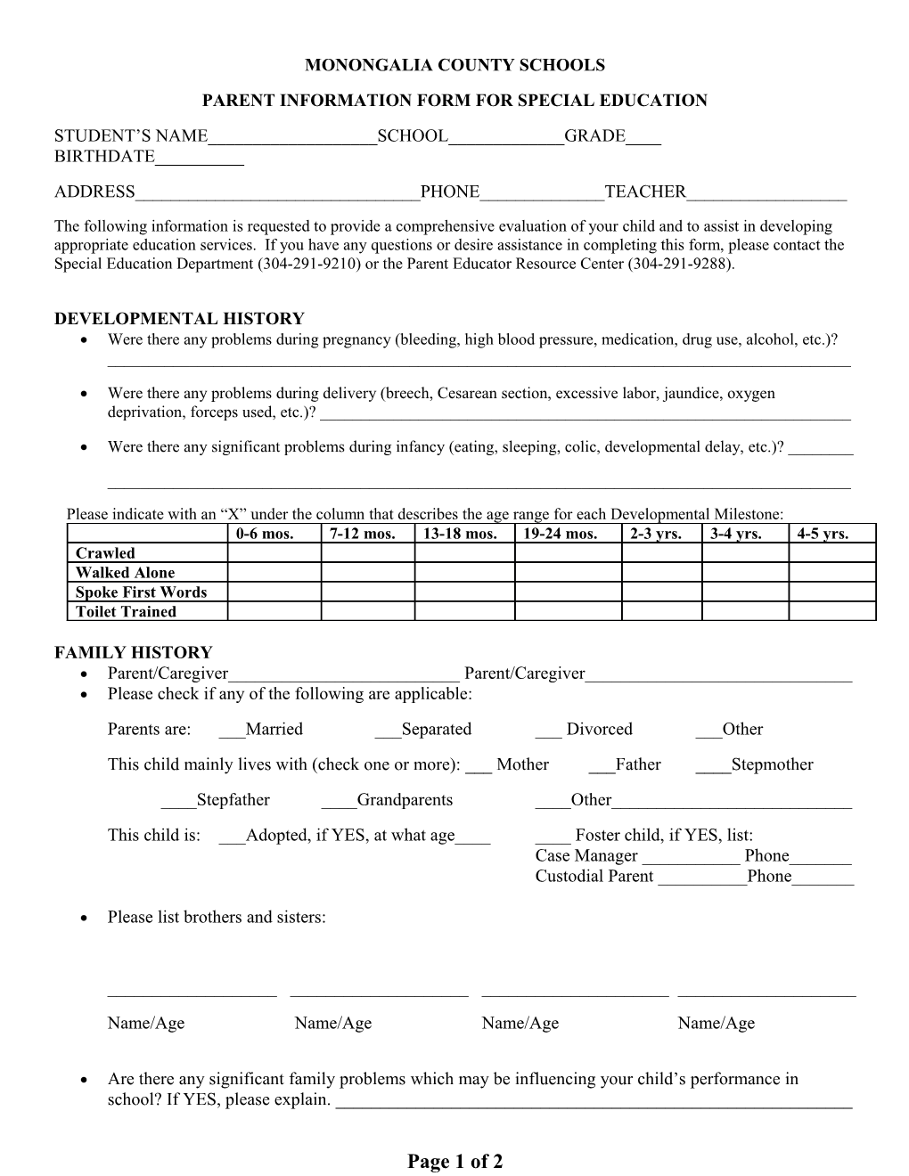 Parent Information Form for Special Education