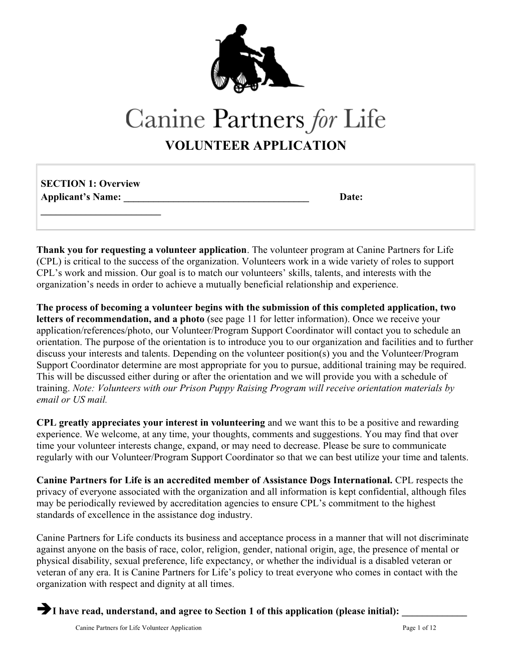Canine Partners for Life - Volunteer Application