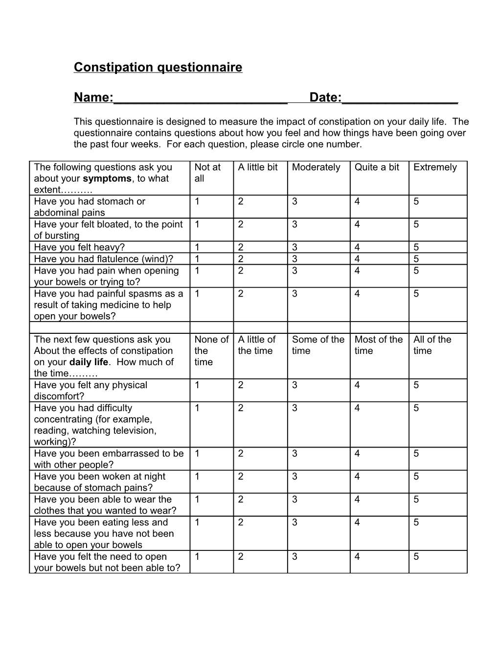 Constipation Questionnaire