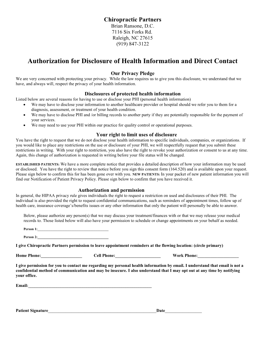 Authorization for Disclosure of Health Information and Direct Contact