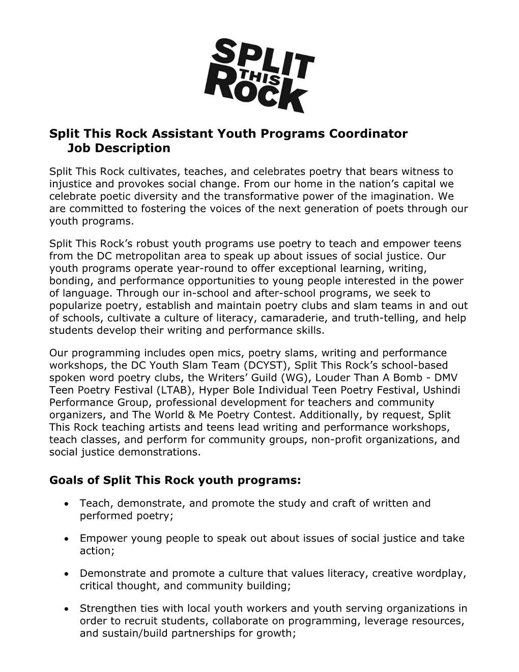 Split This Rock Assistant Youth Programs Coordinator Job Description