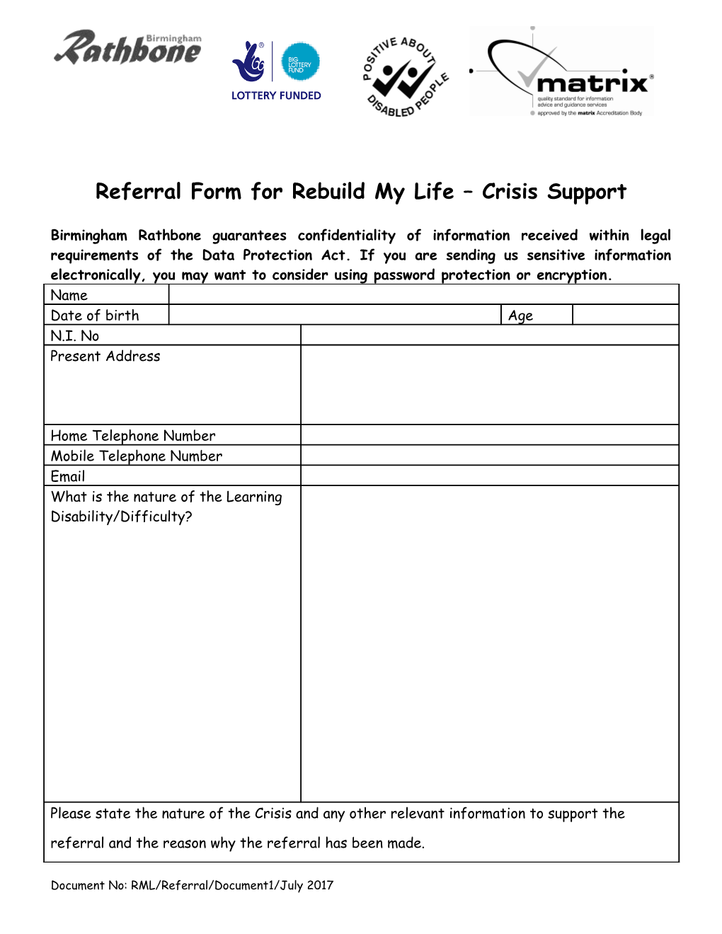 Referral Form for Rebuild My Life Crisis Support