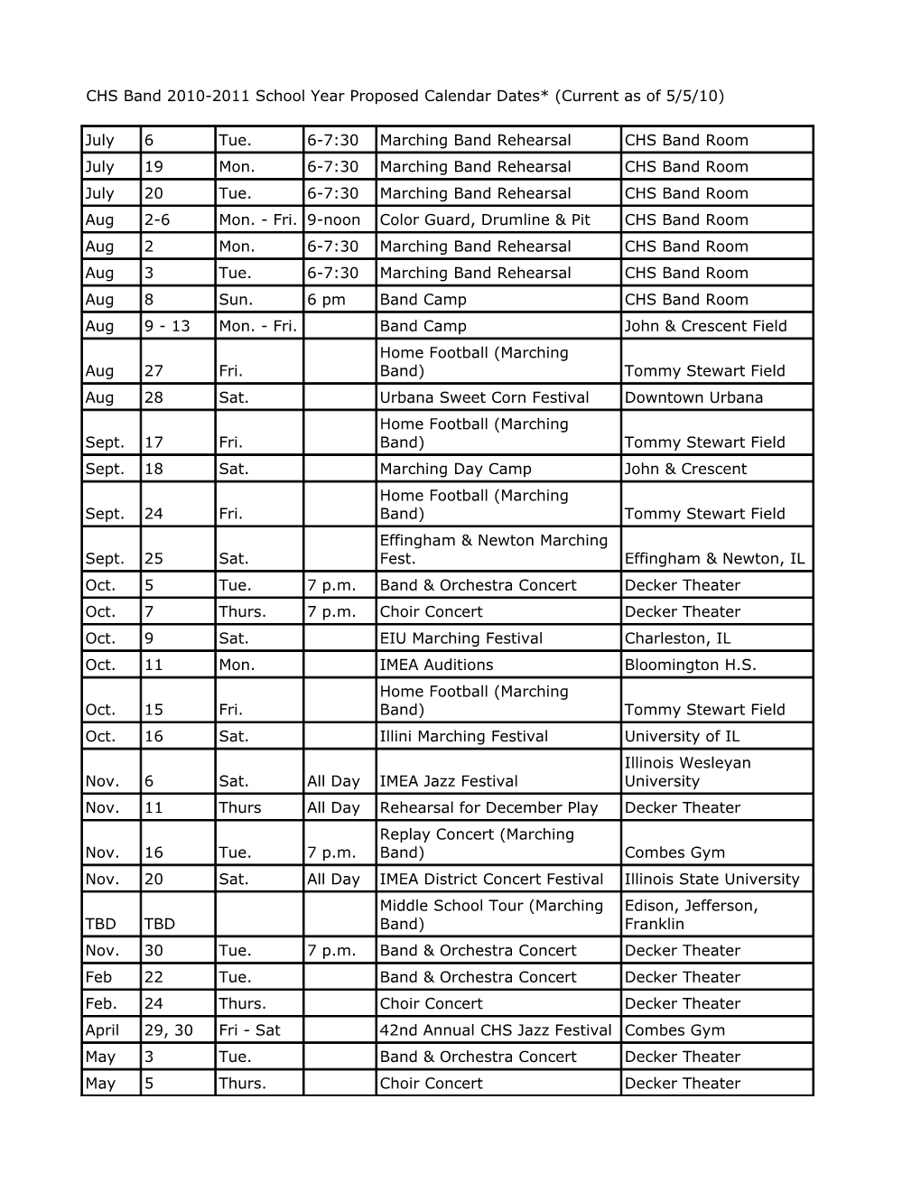 CCHS Handout for 2010-11 Band Dates