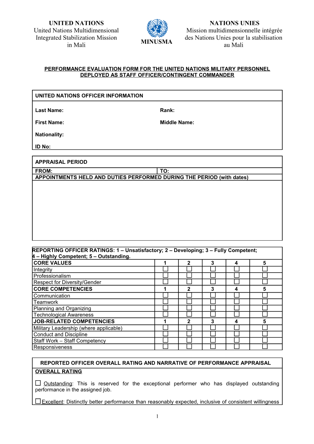 Performance Evaluation Form for the United Nations Military Personnel Deployed As Staff