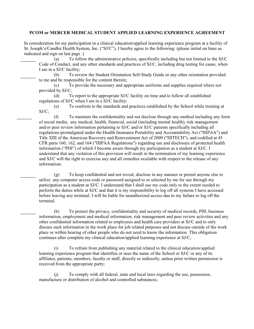 Student Applied Learning Experience Agreement