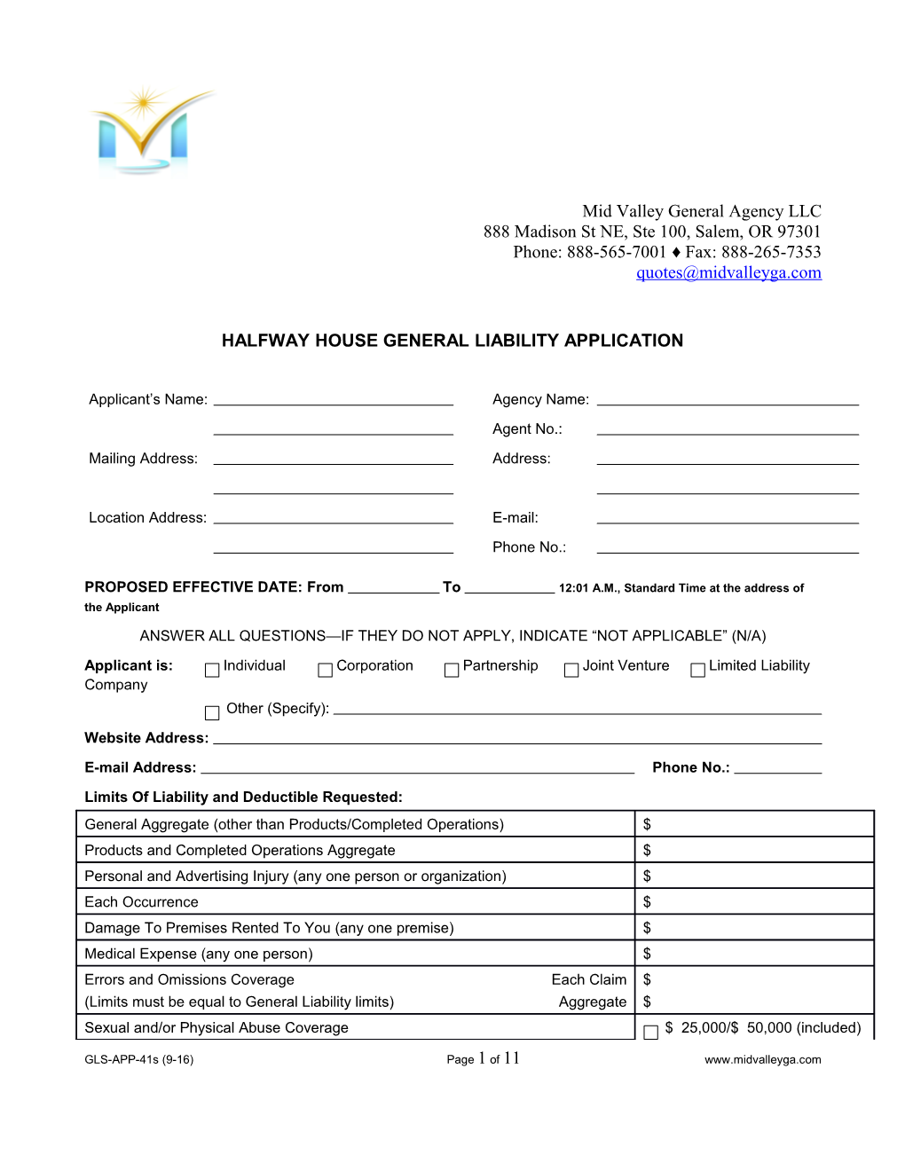 Halfway House General Liability Application