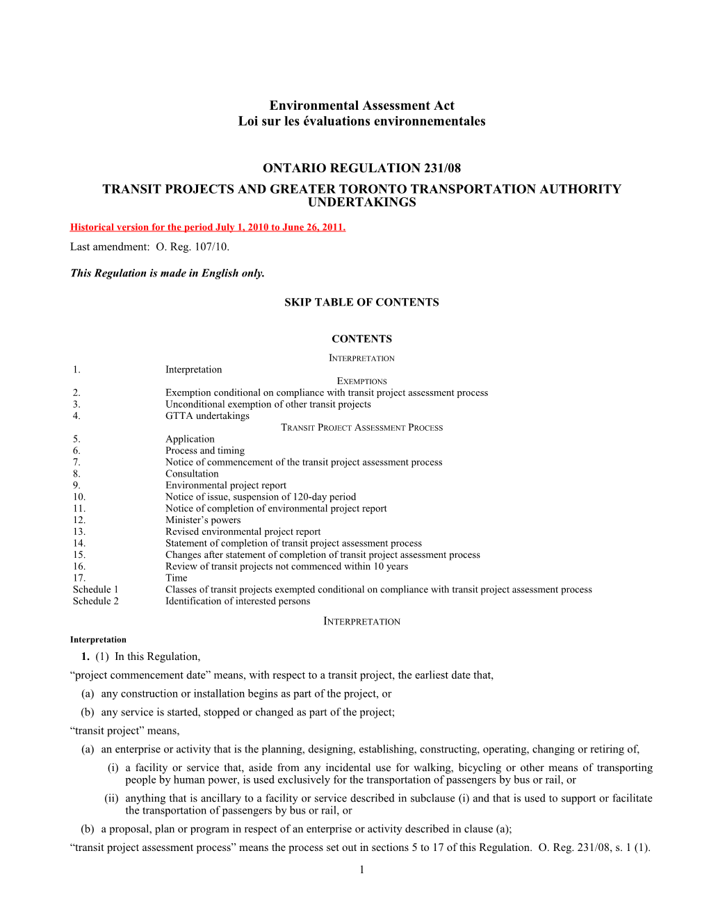 Environmental Assessment Act - O. Reg. 231/08