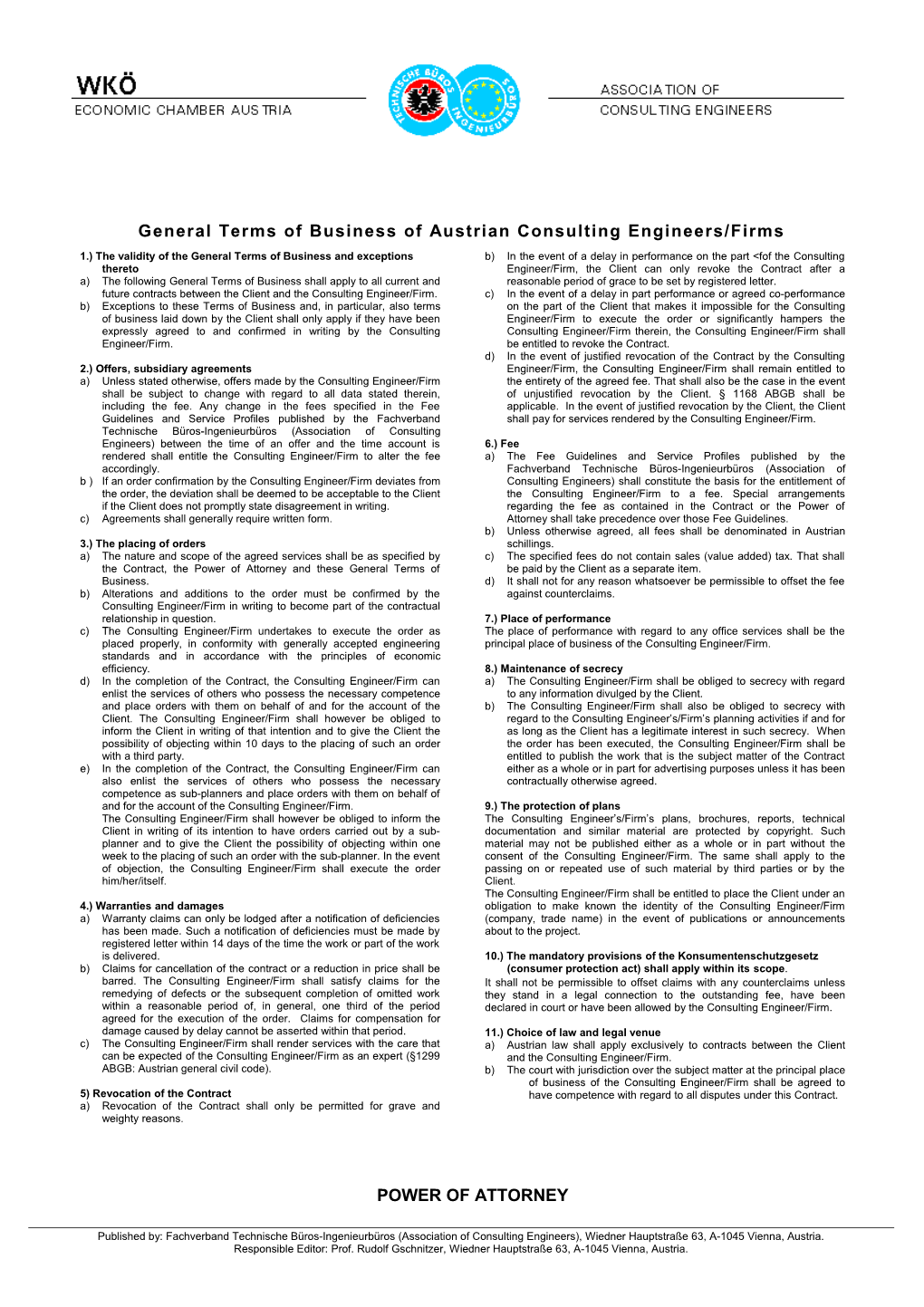 General Terms of Business of Austrian Consulting Engineers/Firms