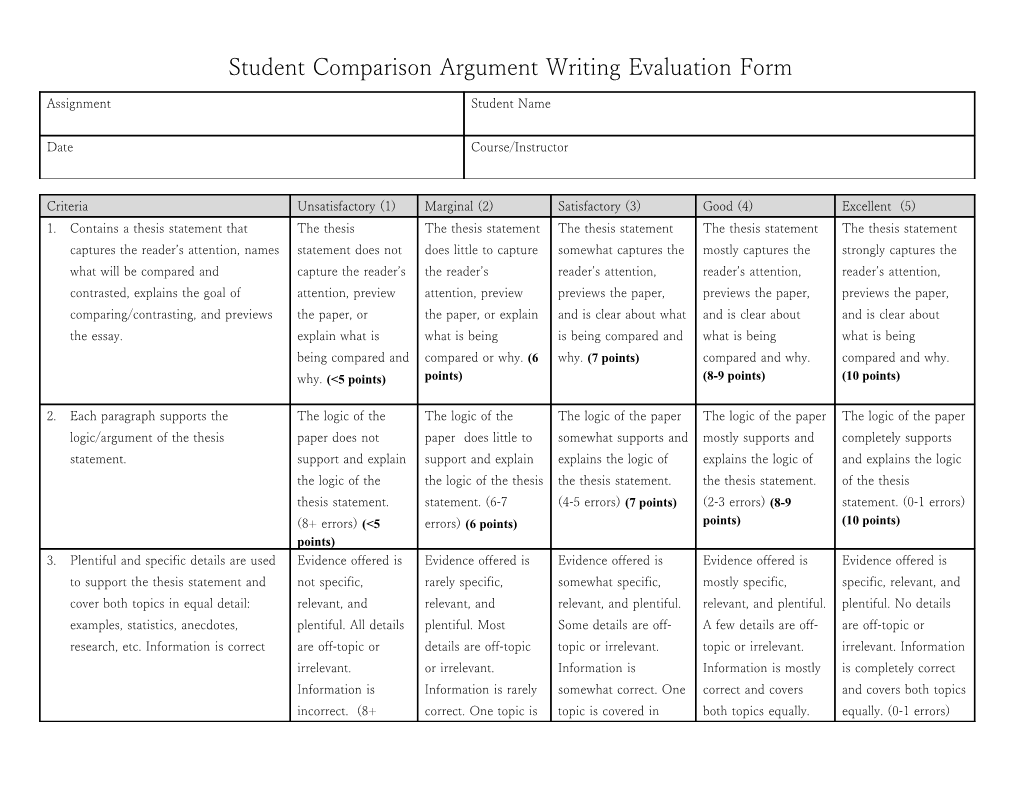 Studentcomparison Argument Writing Evaluation Form