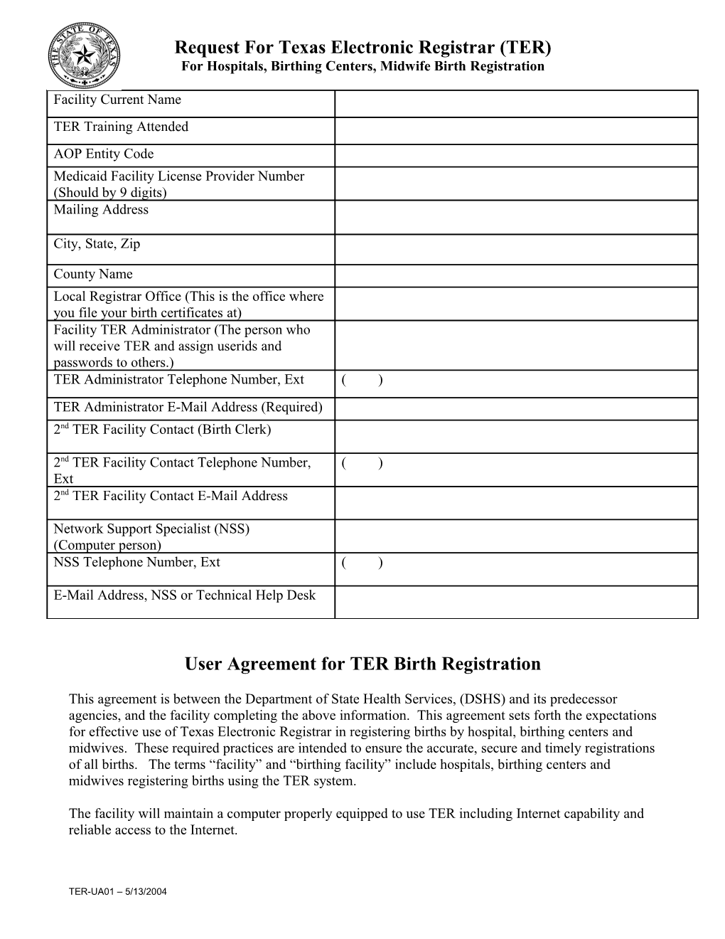 Request for Texas Electronic Registrar (TER)