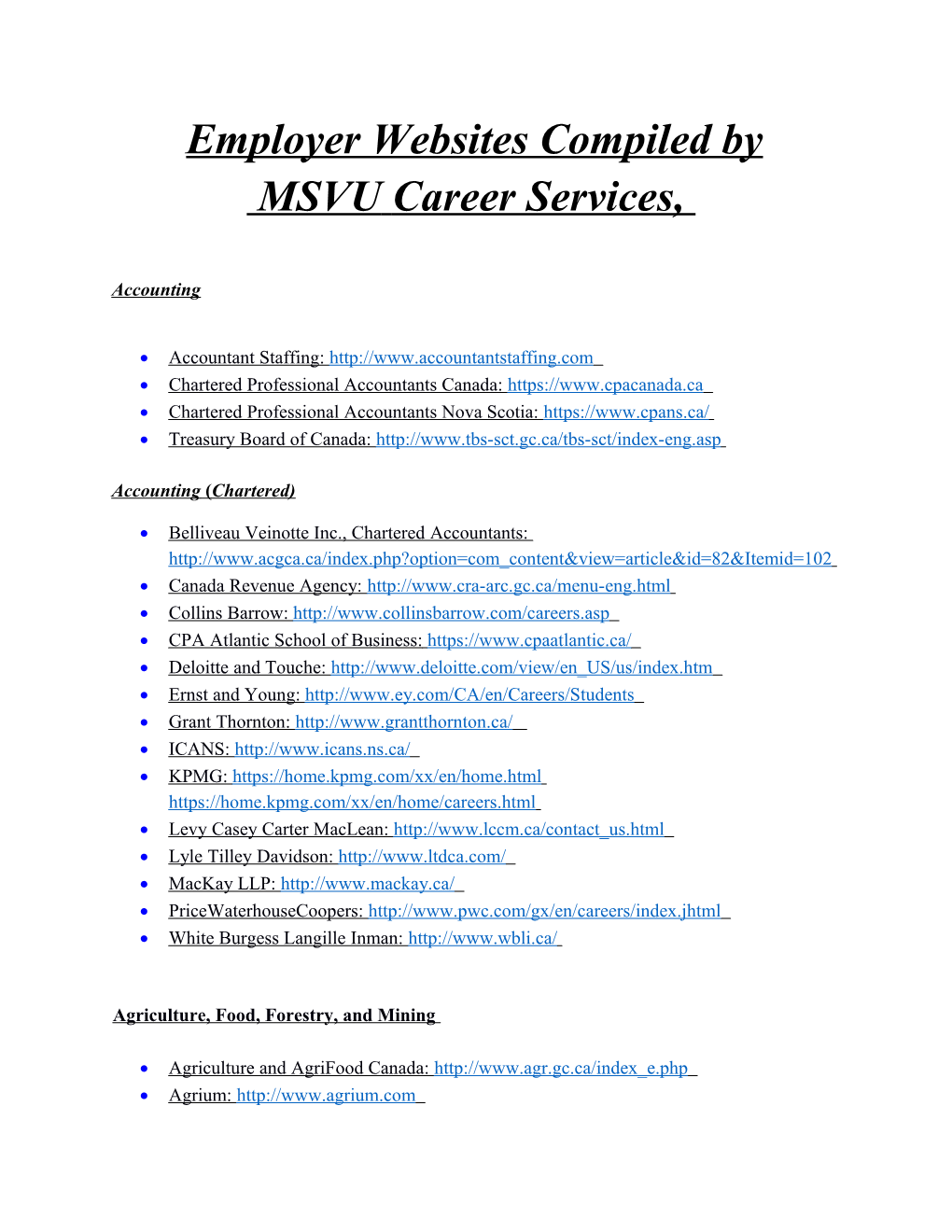 Employer Websites Compiled By