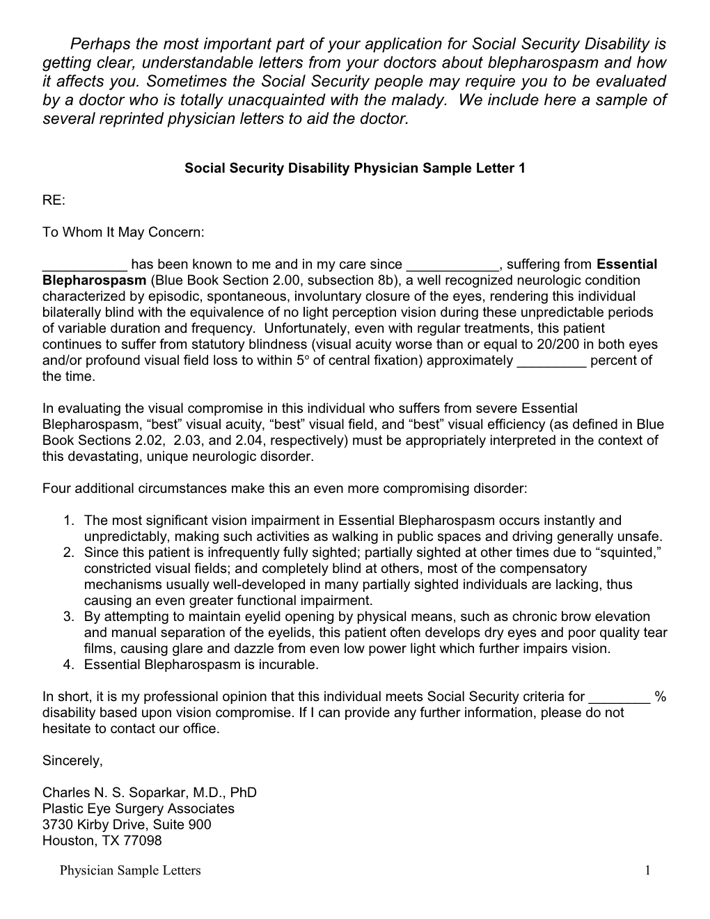 Sample Physician Letter to Social Security