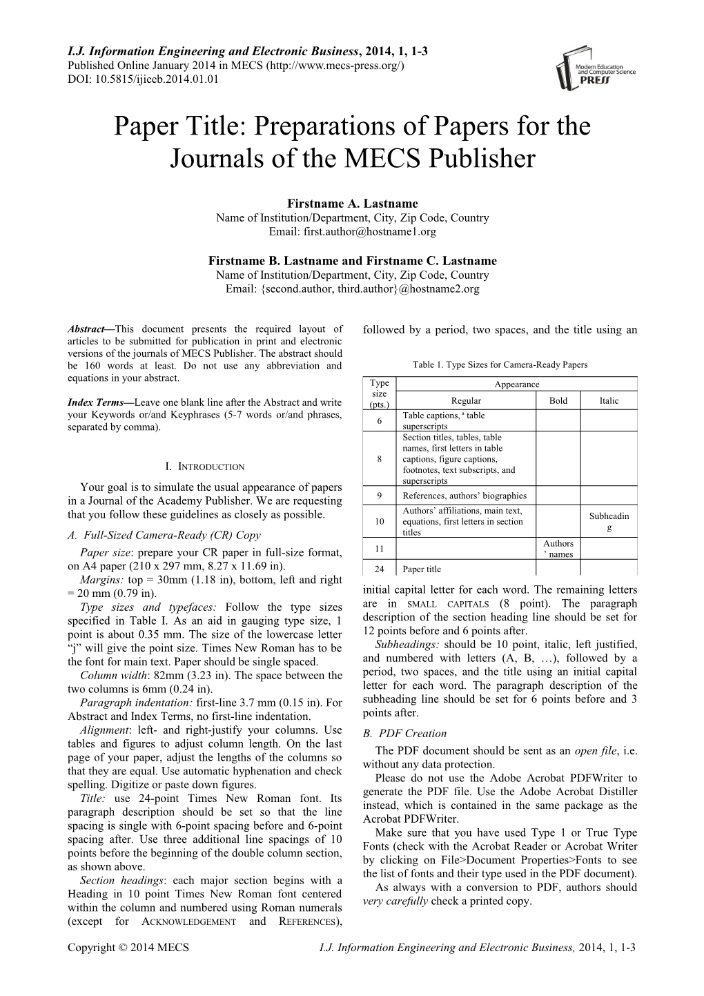 Paper Title: Preparations of Papers for the Journals of the MECS Publisher