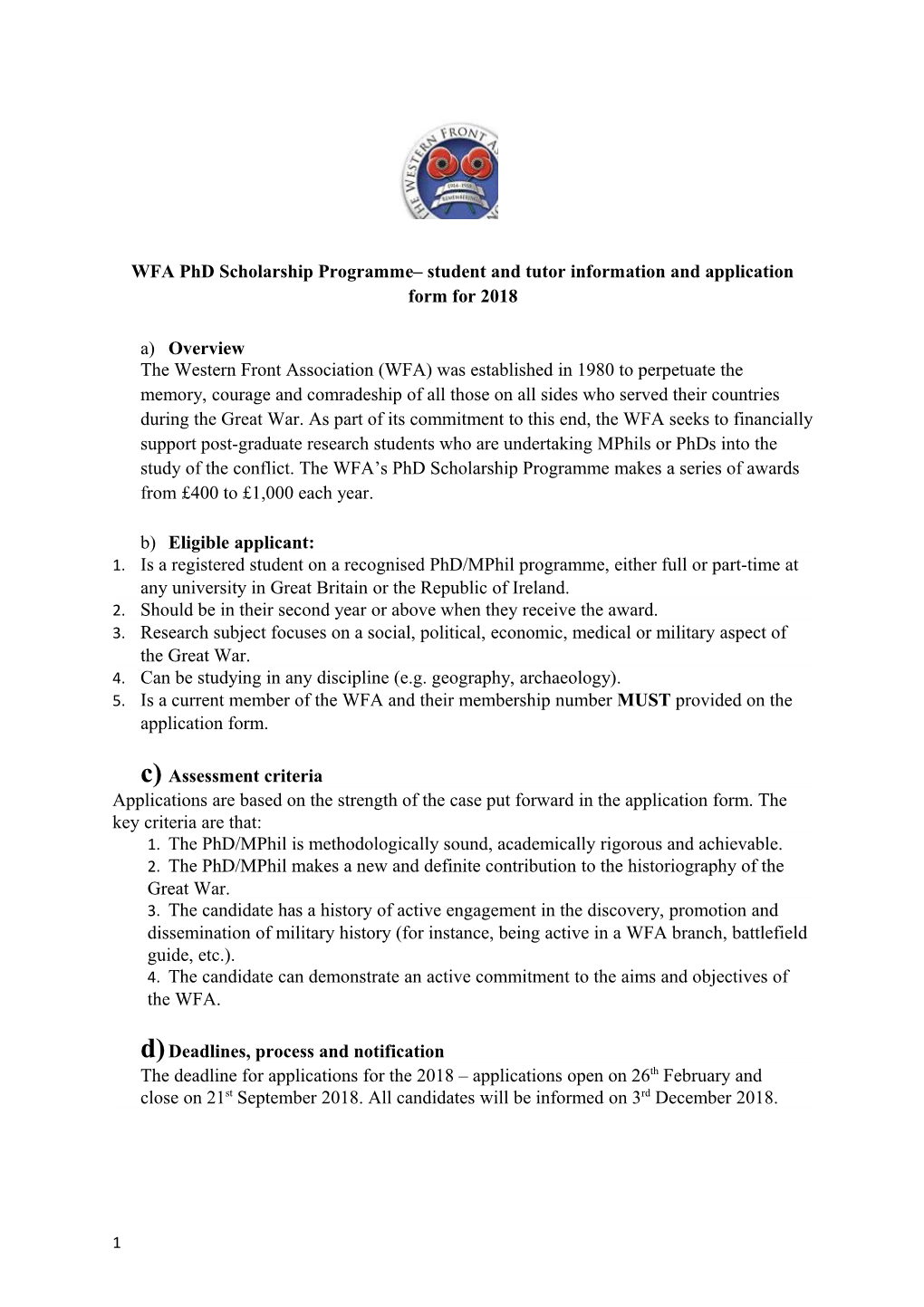 WFA Phd Scholarship Programme Student and Tutor Information and Application Formfor 2018