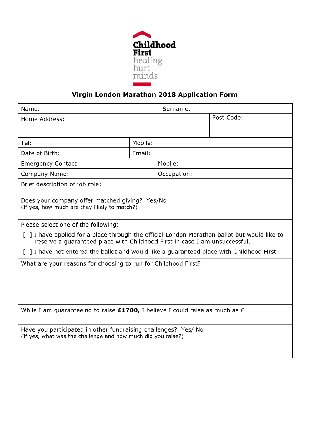 Virgin London Marathon 2018 Application Form