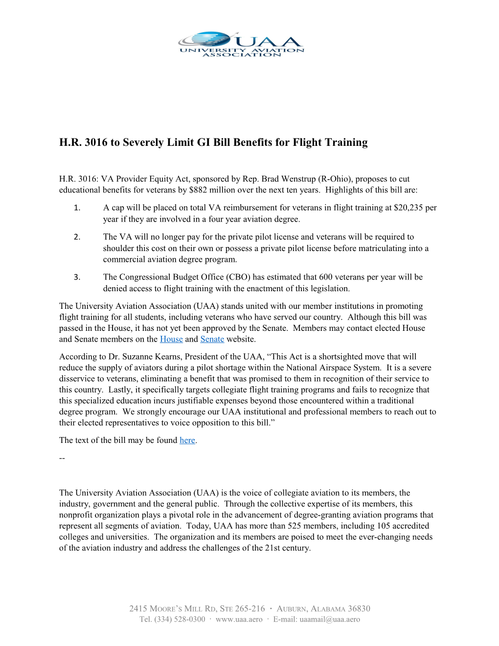 H.R. 3016 to Severely Limit GI Bill Benefits for Flight Training