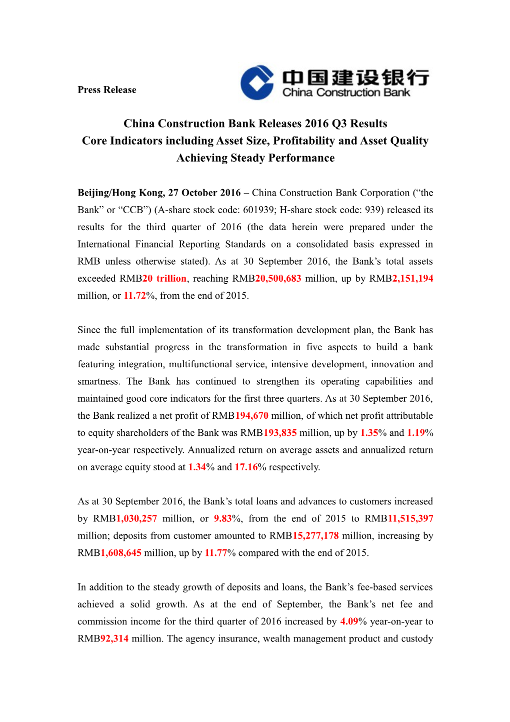 China Construction Bank Releases 2016 Q3 Results