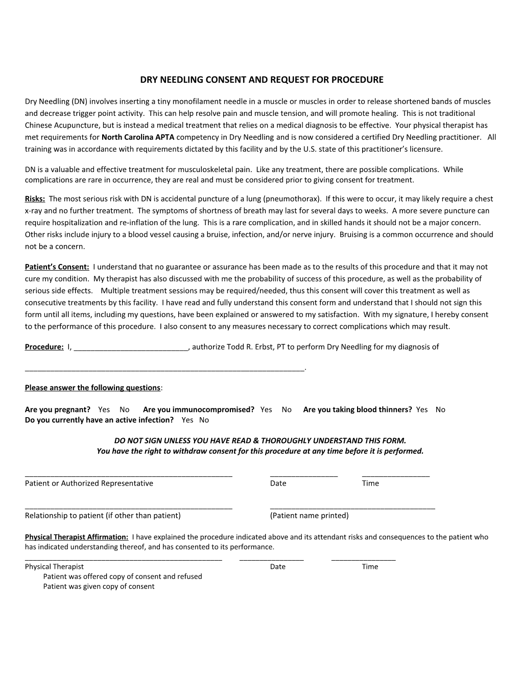 Dry Needling Consent and Request for Procedure