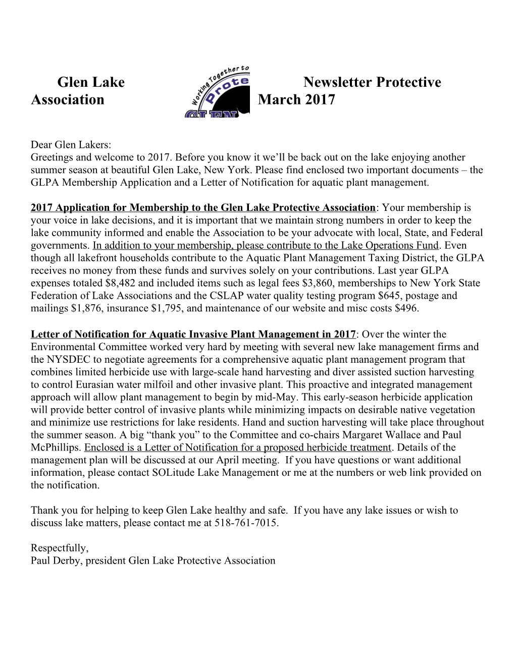 Glen Lake Newsletter Protective Association March 2017
