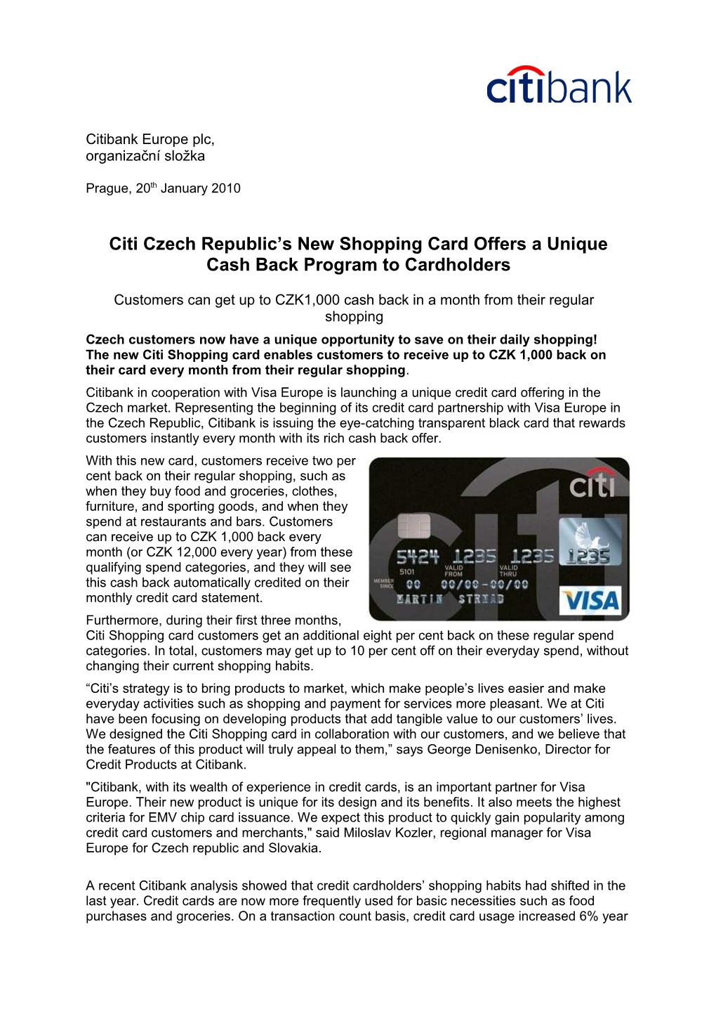 Citi Czech Republic S New Shopping Card Offers a Unique Cash Back Program to Cardholders