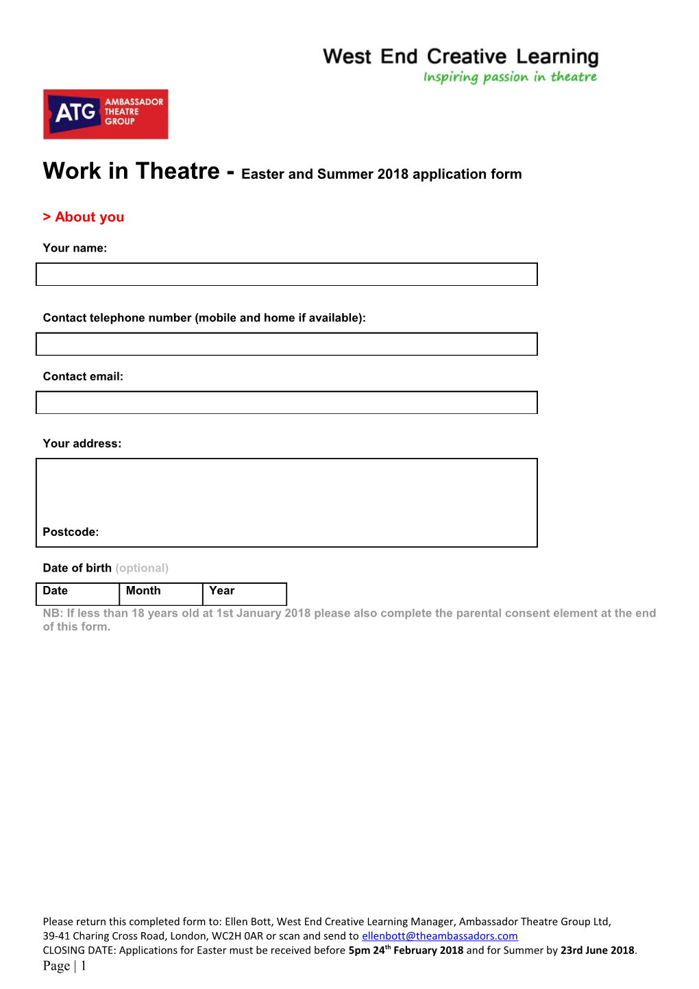 2010 Summer Work Experience Fortnight Application Form