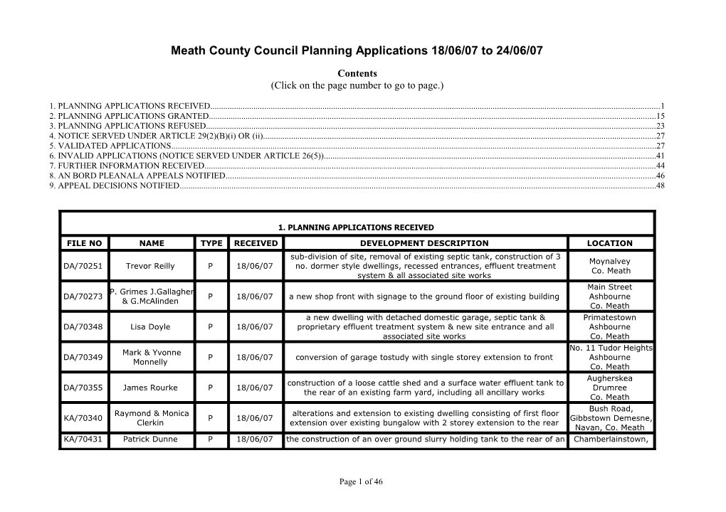 Meath County Council Planning Applications 18/06/07 to 24/06/07