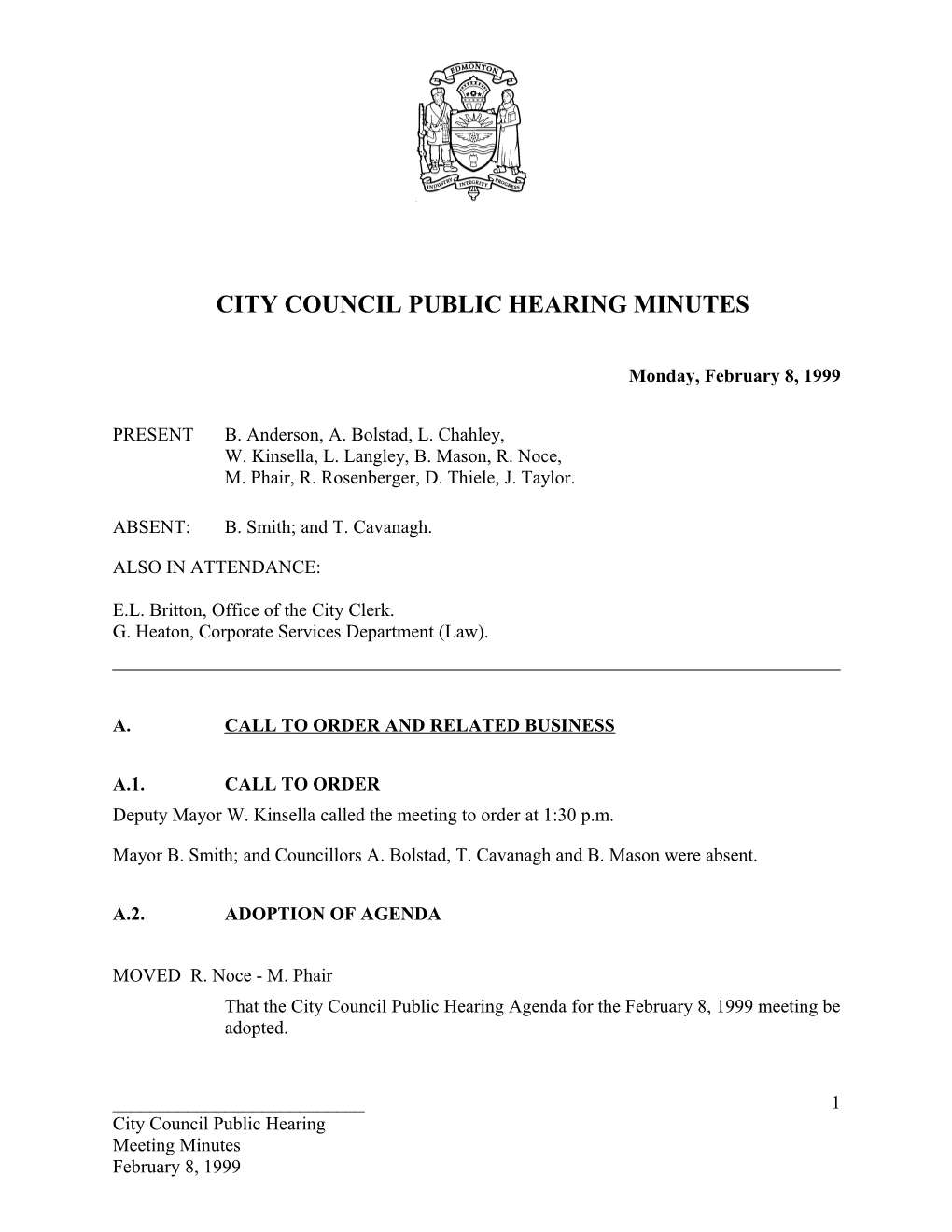 Minutes for City Council February 8, 1999 Meeting