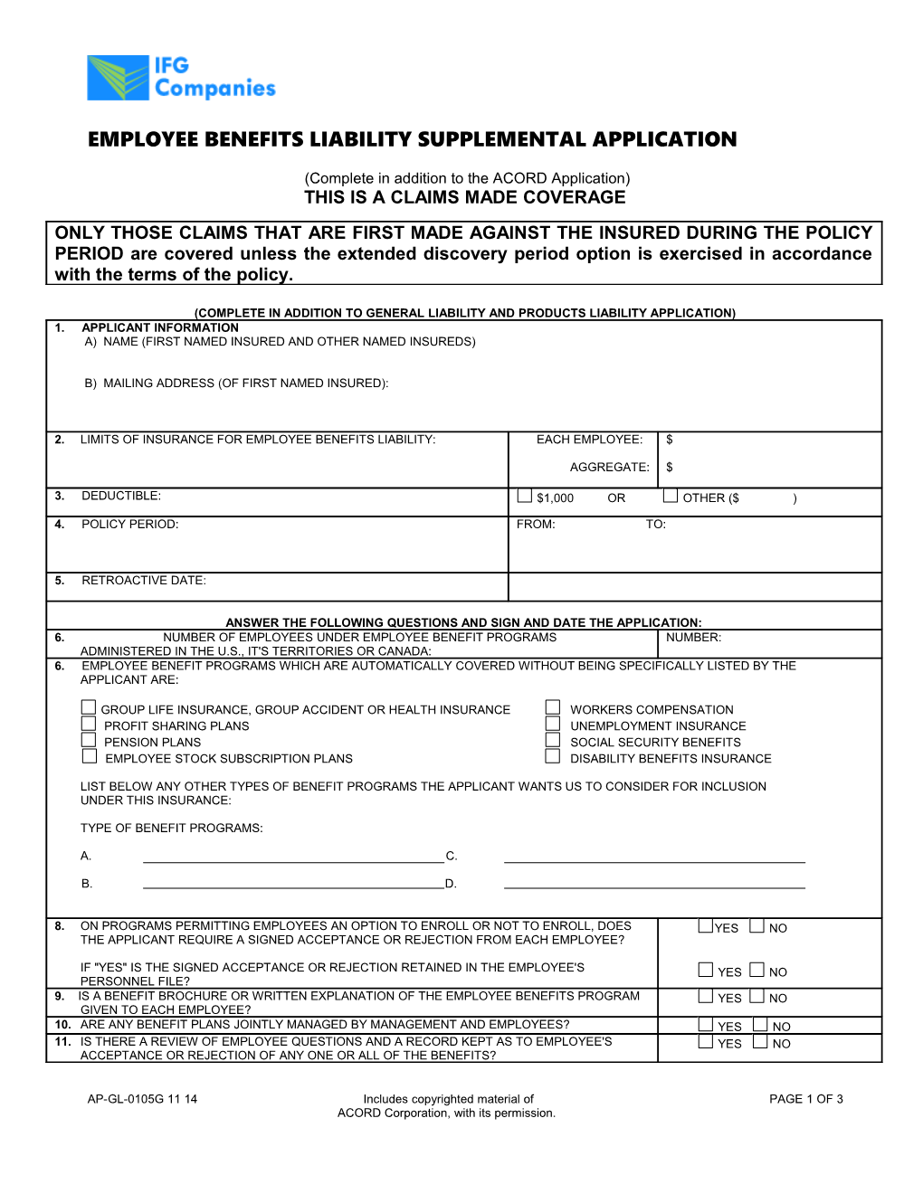 Supplemental Application for Employee Benefits Liability Insurance (Page 1)