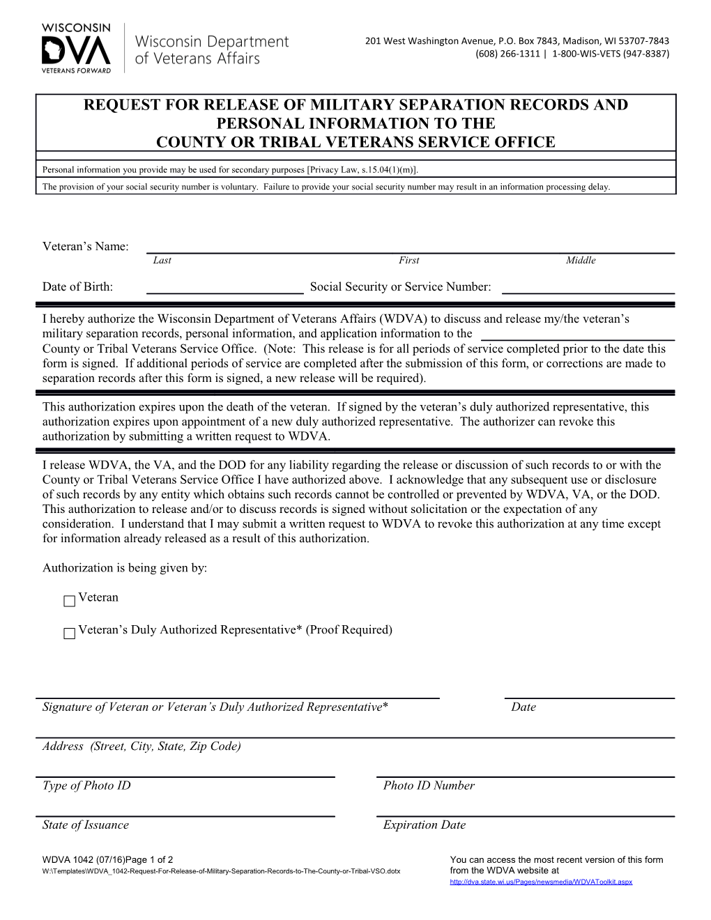 WDVA 1042 Request for Release of Military Separation Records to the County Or Tribal Veterans