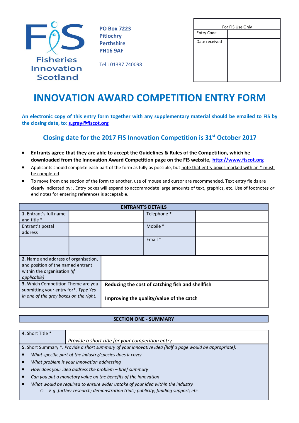 Innovation Award Competition Entry Form