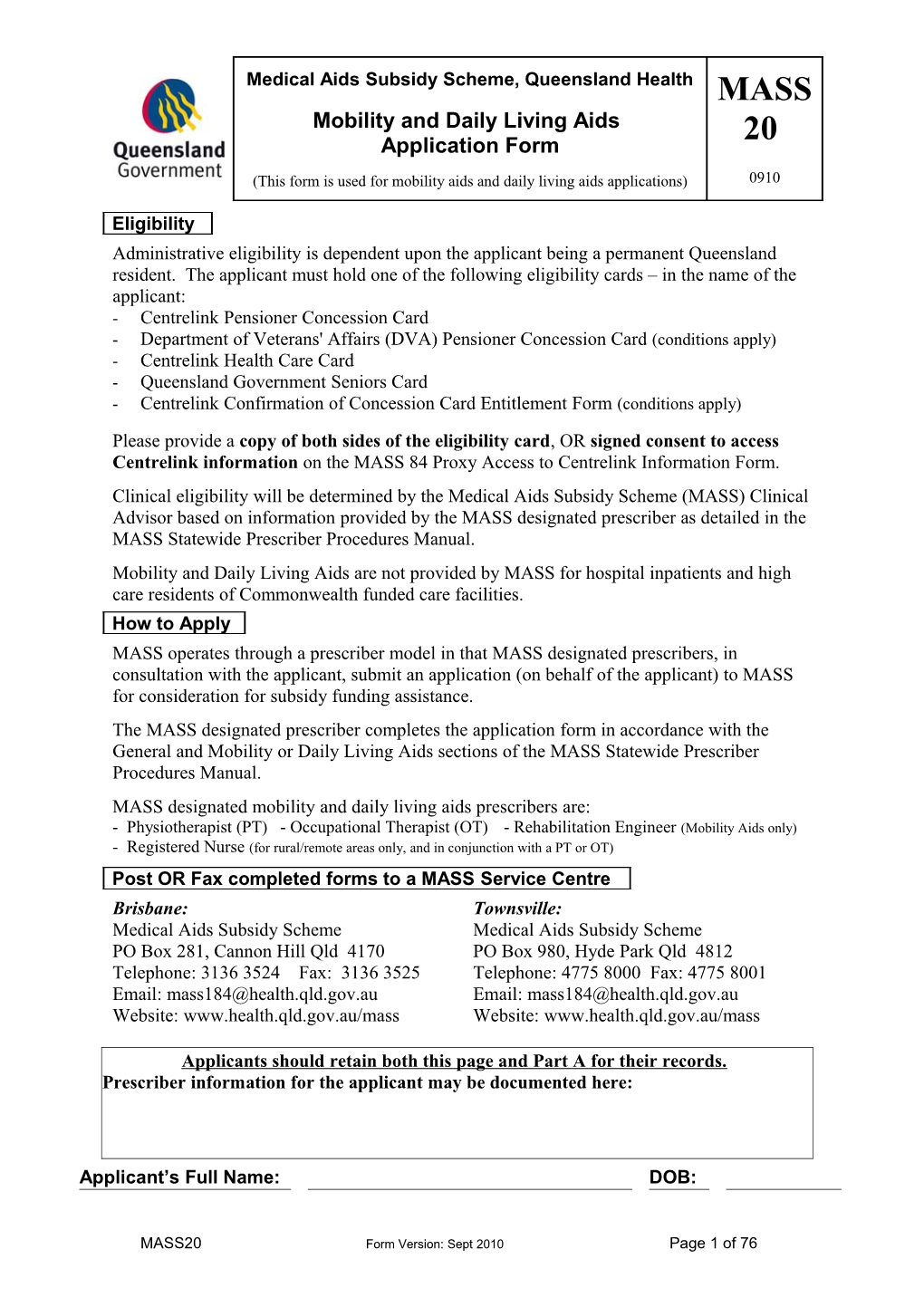 Medical Aids Subsidy Scheme: MASS20 Mobility & Daily Living Aids Application Form