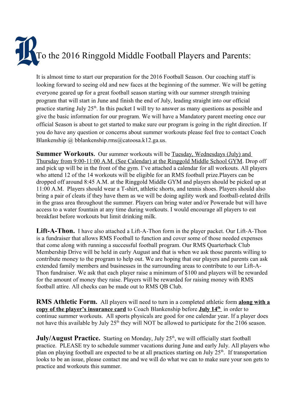 To the 2016 Ringgold Middle Football Players and Parents